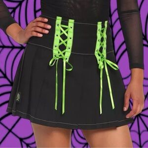 Royal Bones Green Lace-Up Pleated Mini Skirt